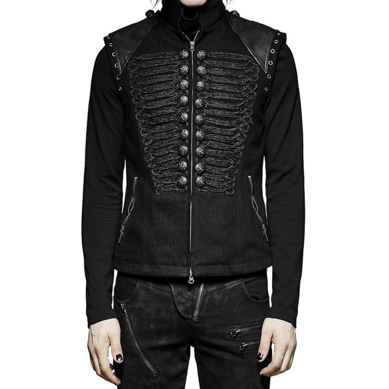 Men Steampunk Military Vest Black Sleeveless Gothic Army Officer Jacket Vest 